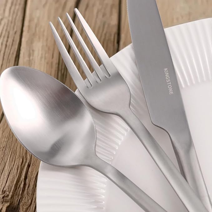 KINGSTONE 40 Piece Silverware Set, Flatware Set for 8, 18/10 Stainless Steel Cutlery Set Mirror Polished Modern Design Dishwasher Safe, Matte Silver