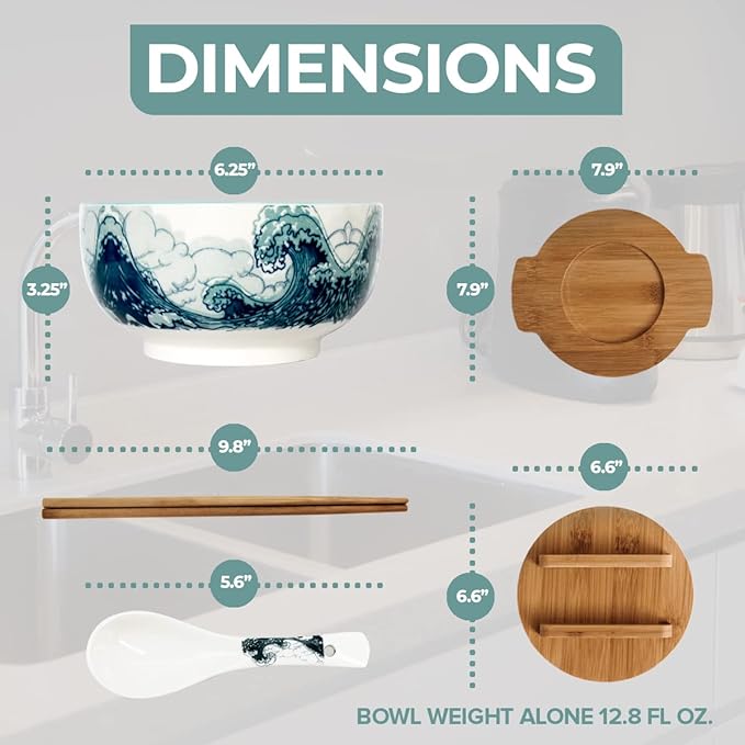 XWORLD Japanese Ceramic Ramen Noodle Bowls Set with Ceramic Spoon, Bamboo Chopsticks, Lid & Trivet, Serving Capacity of 33.8 OZ, Microwavable Oven Safety (3.3” x 6.6” D) (Blue Sea)