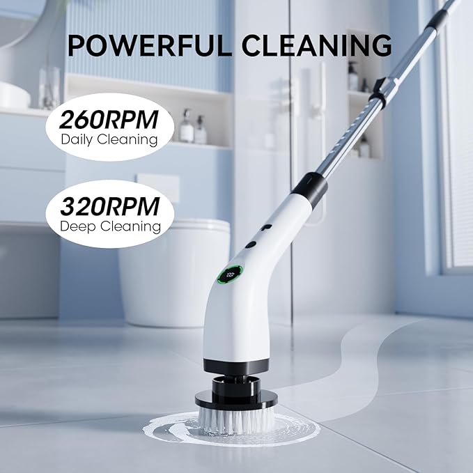 Electric Spin Scrubber, Cordless Cleaning Brush Scrubber with Battery LCD Display for Bathroom, Kitchen and Home, Adjustable Extension Handle, Full Body Waterproof IPX7, 8 Replaceable Brush Heads