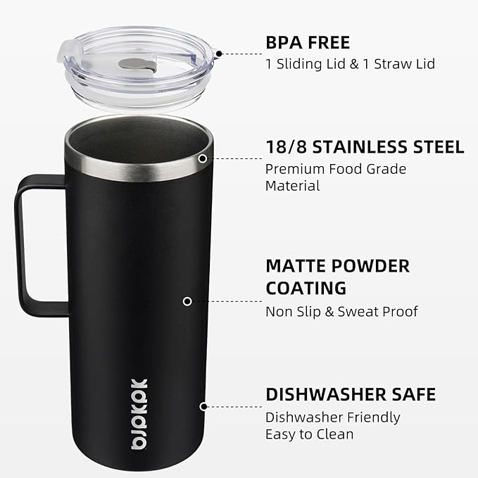 BJPKPK Insulated Coffee Mug with 2 Lids, 32oz Stainless Steel Insulated Tumbler with Handle, Double Wall Vacuum Coffee Cups, BPA Free Travel Mug for Coffee, Tea and Drinks, Black