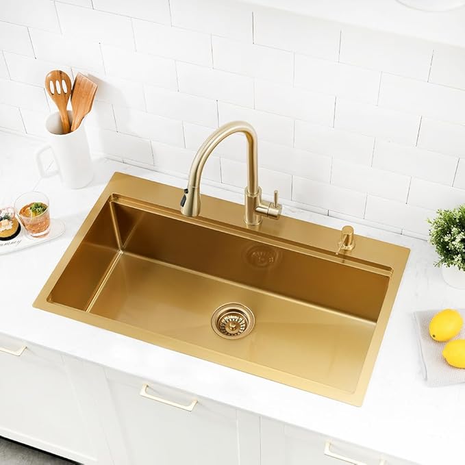 Gold Kitchen Sink, 33x19 Stainless Steel Drop in Kitchen Sink Workstation Single Bowl 16 Gauge Handmade Deep Basin