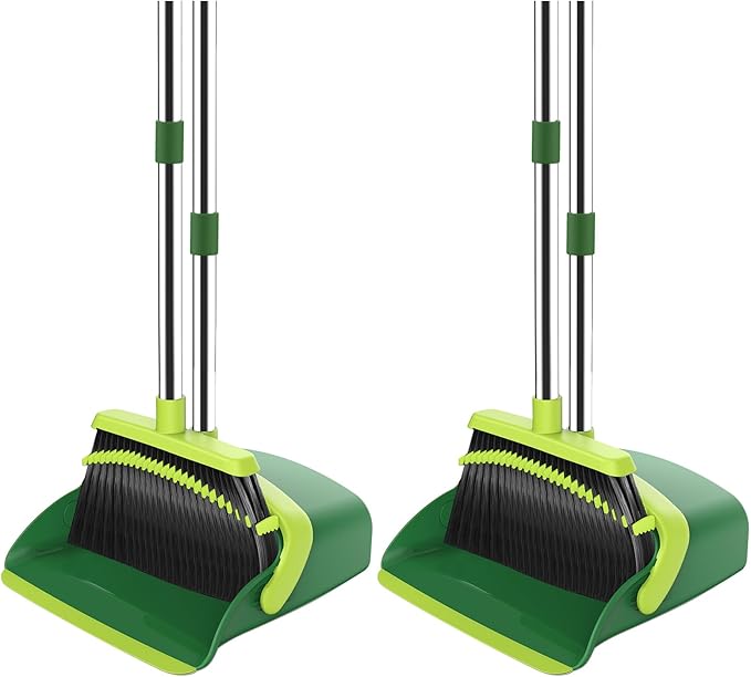 Broom and Dustpan Set, 52-in Long Adjustable Handle Broom Dustpan Combo with Dust pan Teeth to Automatically Clean Hair Suitable for Home Kitchen Office Hall Floor (Green), 2 Pack
