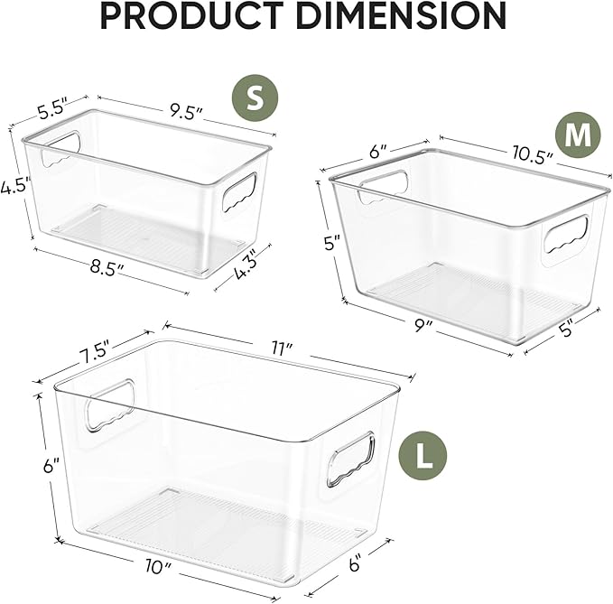 BALEINE Clear Plastic Storage Bins, Pantry Organization, BPA Free Stackable Refrigerator Organizers and Storage with Handles for Kitchen Fridge Cabinet Bathroom (8PK, 9.5x5.5x4.5)