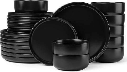 Herogo 24 Pieces Stoneware Dinnerware Set Service for 8, Dinner Plates and Bowls Sets, Double Reactive Glaze Dishes Set for Kitchen, Scratch Resistant, Microwave & Dishwasher Safe, Matte Black
