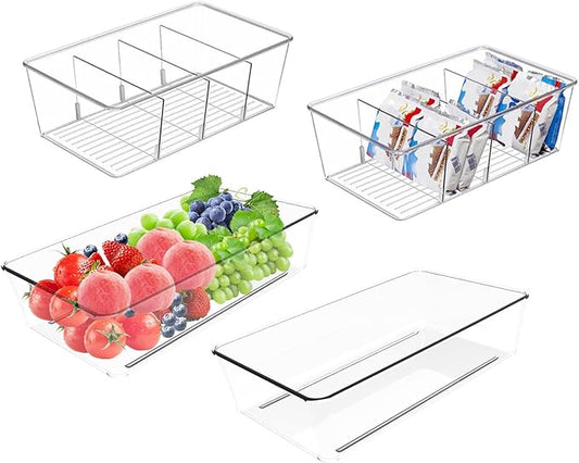 Set of 4 Clear Fridge Organizer Bins,2 Pack Stackable Refrigerator Organizer And 2 Pack Pantry Organizers and Storage with 3 Dividers,BPA-Free Spice Organization for Kitchen Cabinet