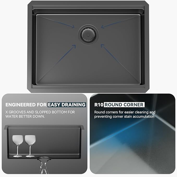 Lordear 25 Inch Black Kitchen Sink Undermount Kitchen Sink Workstation 25x19x10 Gunmetal Black 16 Gauge Stainless Steel Single Bowl