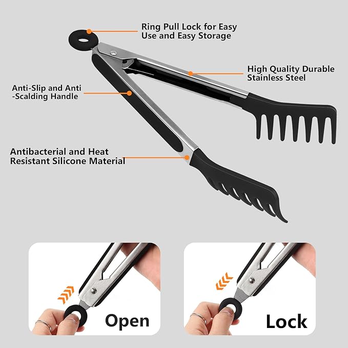 2 Pieces Spaghetti Spoon and Pasta Tong,Non-stick 13 Inch Silicone Spaghetti Fork and 9.8 Inch Stainless Steel Handle Spaghetti Tong Food Clip for Spaghetti Noodle (Black)