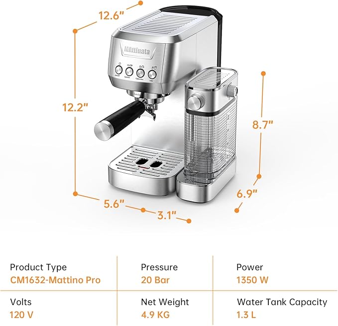 Cappuccino Machine 20 Bar, Professional Espresso Machines for Home and Office with Automatic Milk Frothering System, Barista Compact Latte Maker for Coffee Lovers, Stainless Steel-Mattino