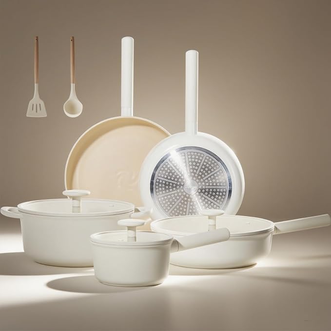 JEETEE Ceramic Cookware Set, 15 PCS Pots and Pans Set Non Stick with Removable Handles, Non Toxic Induction Kitchen Cookware Sets, Oven Safe PFAS/PTFE/PFOA Free Cream