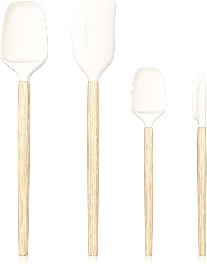 Wooden Handle Silicone Rubber Spatula Set for Kitchen Baking, Cooking, and Mixing High Heat Resistant Non Stick Dishwasher Safe BPA-Free Black+blue Set of 2 (Wooden Handle Spatula 4Piece)