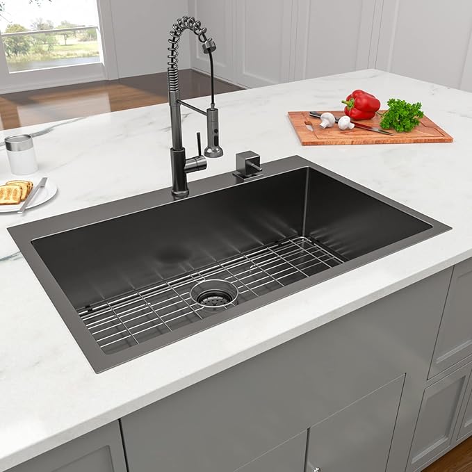 Lordear 30x22 Kitchen Sink Black Drop In Single Bowl 16 Gauge Stainless Steel Gunmetal Black 30 Inch Topmount Kitchen Sinks 30" Basin