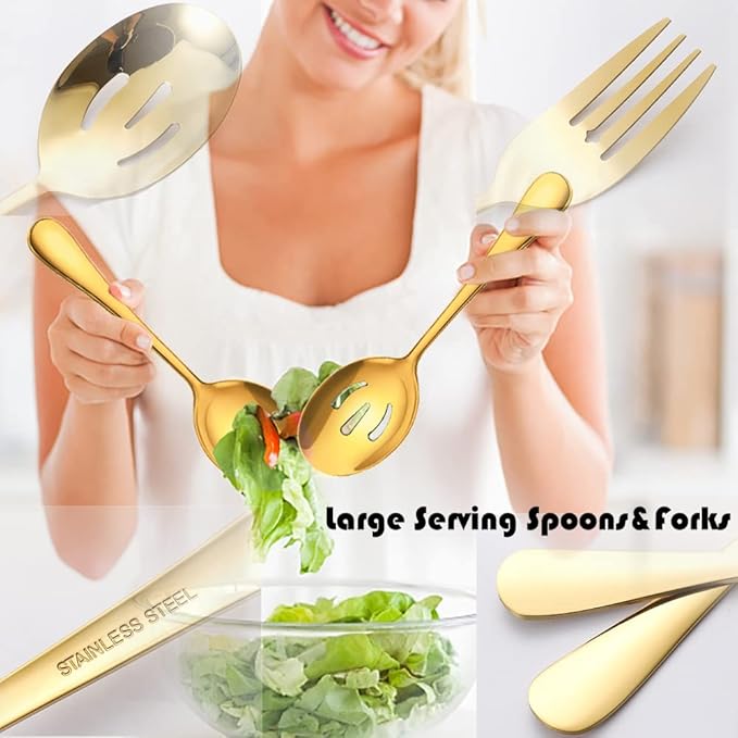 11 PCS Serving Utensils, Large Stainless Steel Spoons Forks Tongs, Pie Server, Great for Hostess Buffet Catering Banquet Party, Gold