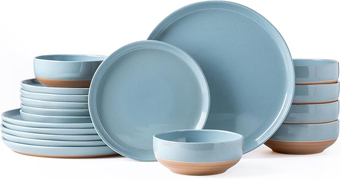 AmorArc Ceramic Dinnerware Sets for 6, 18 Pieces Handpainted Plates and Bowls Set with Rustic Terracotta Underside, Scratch Resistant Stoneware Dishes Set, Dishwasher & Microwave Safe, Stone Blue