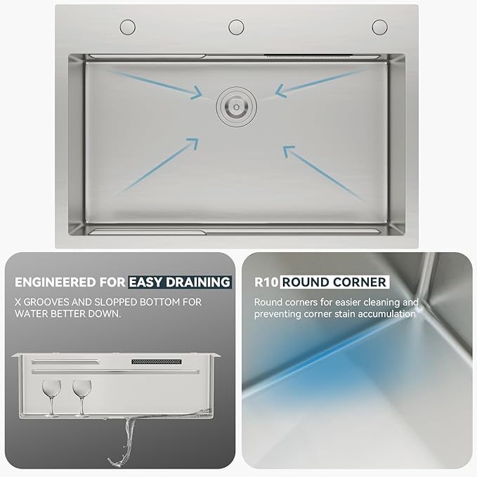 Lordear 33 Watefall Kitchen Sink 33x22 Drop In Kitchen Sink Stainless Steel 16 Gauge Single Bowl Multifunctional Workstation Sinks with Built-in Accessories,Split Faucet Style