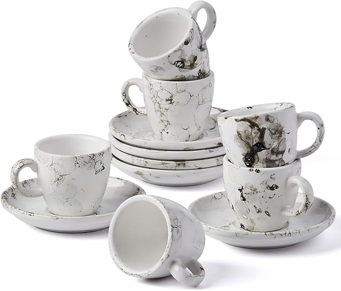SIDUCAL Espresso Cups Set of 6,2 Ounce Ceramic Coffee Cups with Saucers,Porcelain Double Espresso Shot Cup Set,Gift Box for Boyfriend Gift(White)