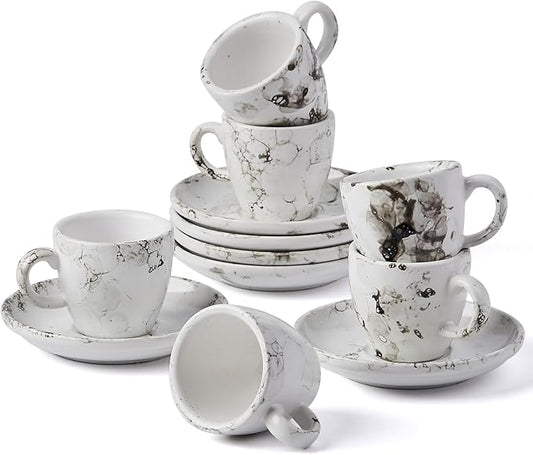 SIDUCAL Espresso Cups Set of 6,2 Ounce Ceramic Coffee Cups with Saucers,Porcelain Double Espresso Shot Cup Set,Gift Box for Boyfriend Gift(White)
