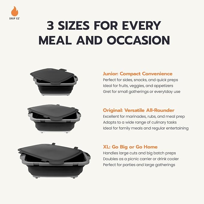 Drip EZ Collapsible BBQ Prep Tub- for Meal Prep Marinating Food Storage - Includes Cutting Board & Locking Lid - (1) OG - Black