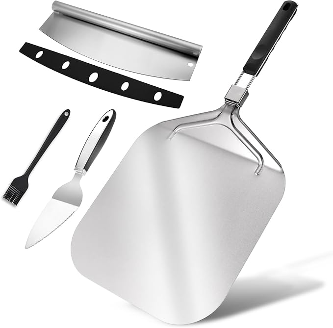 MANJIA Pizza Peel 13 inch, Pizza Paddle with Cutter Rocker Set (12.6"x 16.5") Metal Pizza Peel with Foldable Handle, Pizza Spatula Paddle for Indoor & Outdoor Ovens Homemade Pizza Making Kit