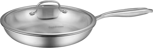 Tri-Ply Clad Stainless Steel 11 Inch Frying Pan with Lid,PFOA&PTFE Free Skillets,Works on Induction,Oven and Gas Cooktops