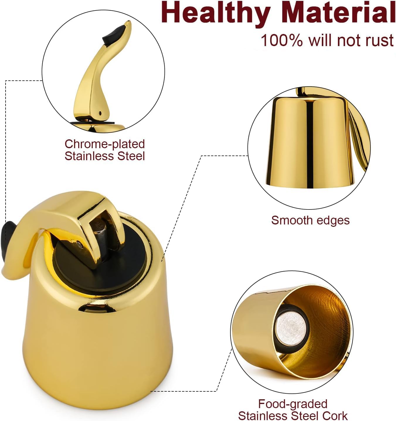 Wine Stoppers for Wine Bottles with Stainless Steel Vacuum Wine Bottle Stopper with Silicone Reusable Wine Corks, Leak proof Keep Fresh Suitable for Red&White Bottle (Gold, 2 Pack)