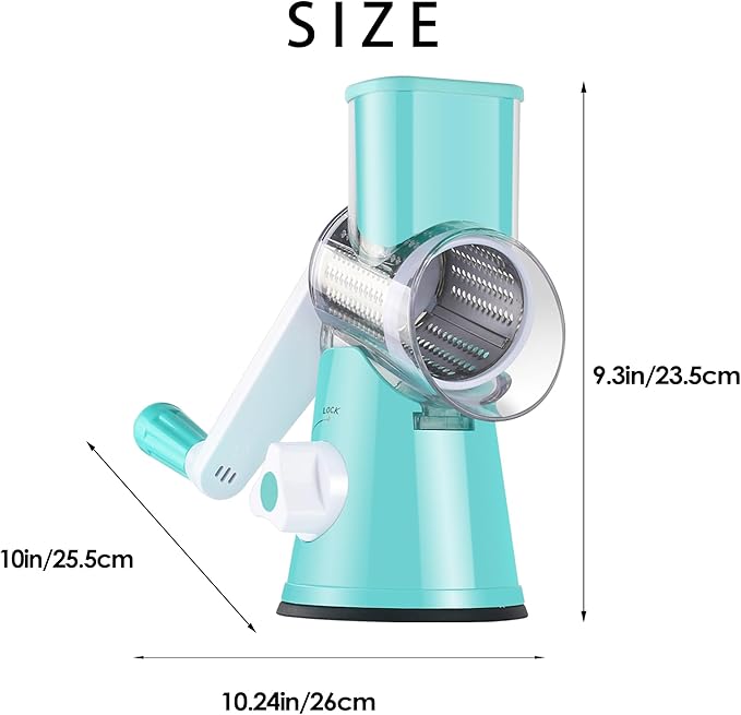 Ourokhome Rotary Cheese Grater Hand Crank, Kitchen Shredder Speed Mandolin Slicer Nut Grinder with Handle and Drum Blades for Cheese, Vegetable, Walnut, Chocolate, Potato, Carrot, 3 Blades, Blue