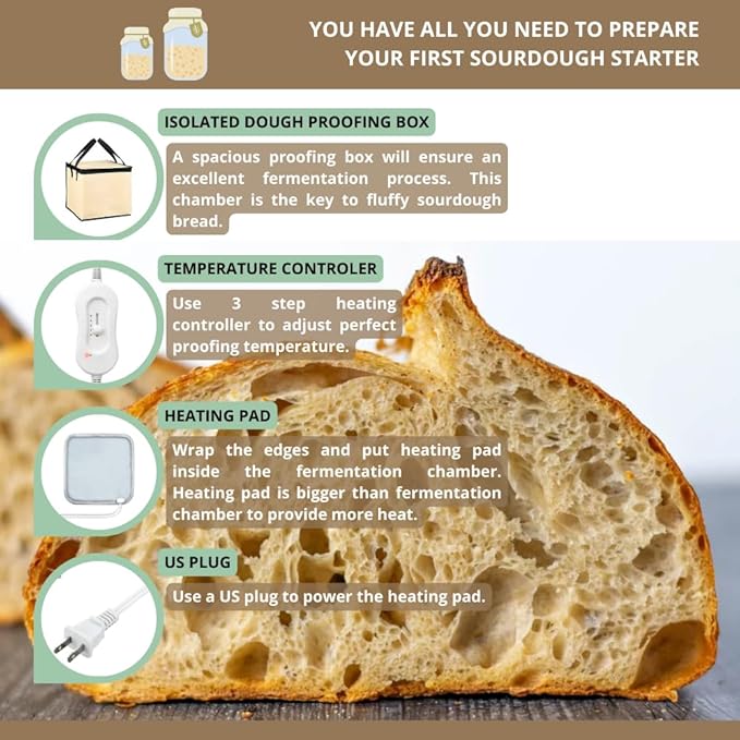 9" Round and 10" Oval Banneton Baskets with Scrapers, Bread Lame, E-Book with Recipes, Glass Jar with Strips, Labels & Chalk Pen, Spatula, Silicone Brush, Dough Whisk, Bread Bag & Heated Proofing Box