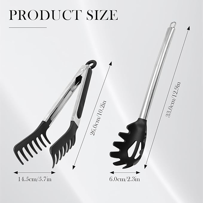 Silicone Spaghetti Spoon & Pasta Tong, Non-Stick Stainless Steel Handle Pasta Fork Set with Teeth, Food Clip for Spaghetti Noodle