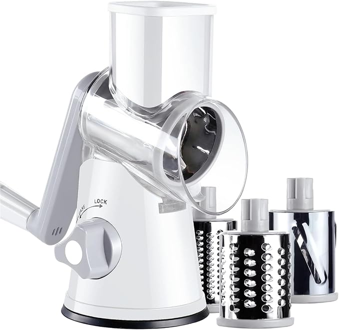 Rotary Cheese Grater Hand Crank, Grater For Kitchen With Reinforced Suction - Rotary Cheese Grater With 3 Replaceable Stainless Steel Blades - Easy to Use & Clean - Vegetable Cutter (White)