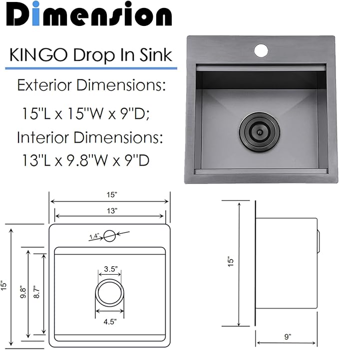 Black Bar Sink Drop In,15 x 15 Inch Gunmatel Black Single Bowl Small Kitchen Sinks,16 Gauge 304 Stainless Steel Topmount Wet Bar Sink Prep Sinks With Grid&Drain&Cutting Board