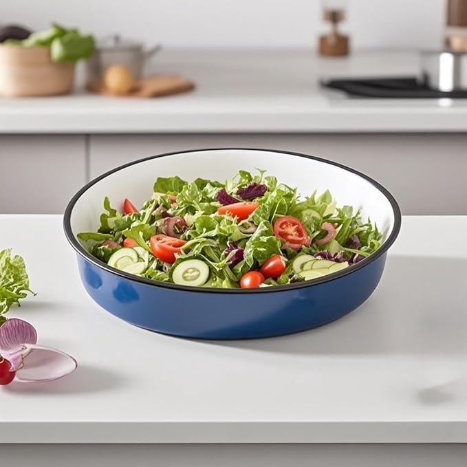 Enamel Large Roasting Pan 12.6 Inch Blue Baking Pan for Turkey Chicken Vegetables Round Cake Pan Dishwasher Safe Heavy Duty Bakeware With 2.4 Inch Depth Oven Broiler & Stovetop Safe