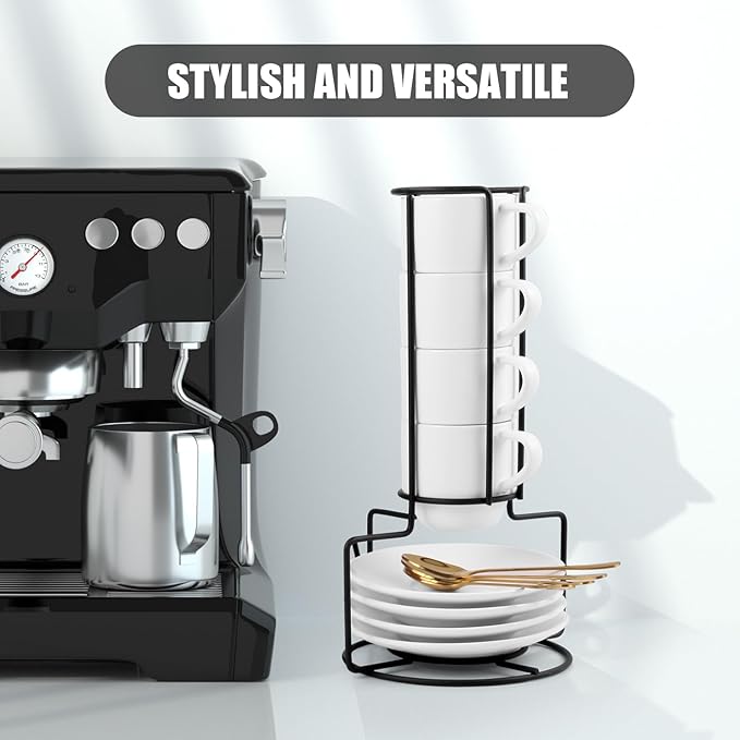 Lareina 3-Ounce Espresso Cups with Saucers, Spoons and Metal Stand, Small Stackable Coffee Cups Set of 4, Ceramic Demitasse Mugs, White