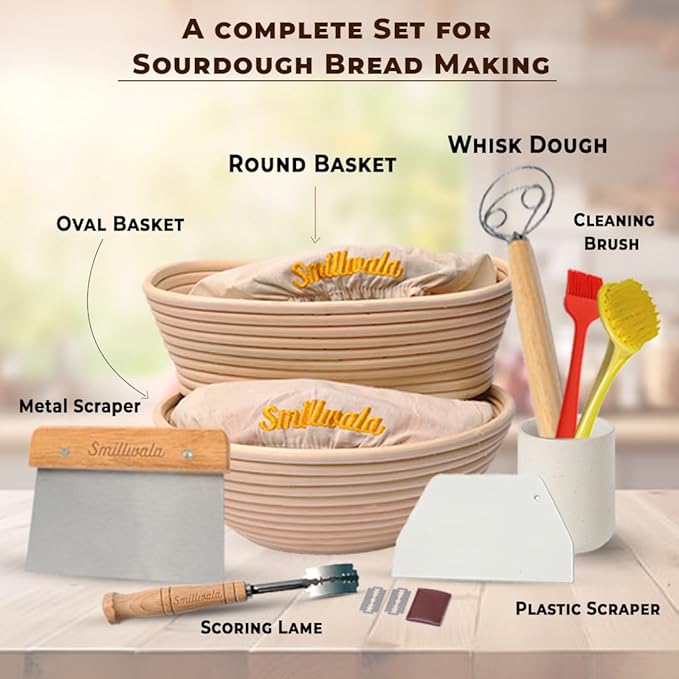 Set of 2 Banneton Bread Proofing Basket with linen Liner, 9" Round & 10" Oval bread basket with 9 Essential Bread Making Tools – Rattan Sourdough Banneton Basket Kit for Baking Enthusiasts