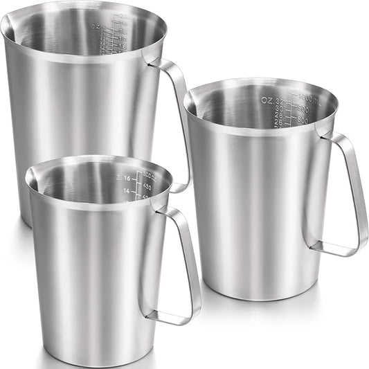 Flutesan 3 Pcs Stainless Steel Measuring Cups Measuring Pitcher with Handle with Markings for Latte Art, Water Pouring 2/4/8 Cup (16/32/64 oz)