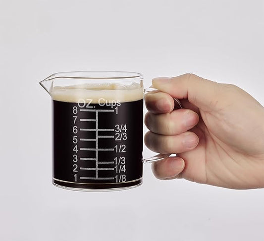 Ackers Etched Graduated Glass Measuring Cup - [Insulated Handle | V-Shaped Spout] - High Borosilicate Glass Measuring Cup for Kitchen or Dining, Easy to Read, 250ml (8oz, 1 Cup)