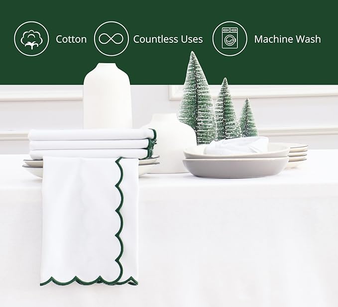 PurpleEssences Scalloped Embroidery Cloth Napkins Christmas Holiday Winter Table Decor 100% Cotton Set of 4-18 x 18 inch - White - Edges - Forest Green