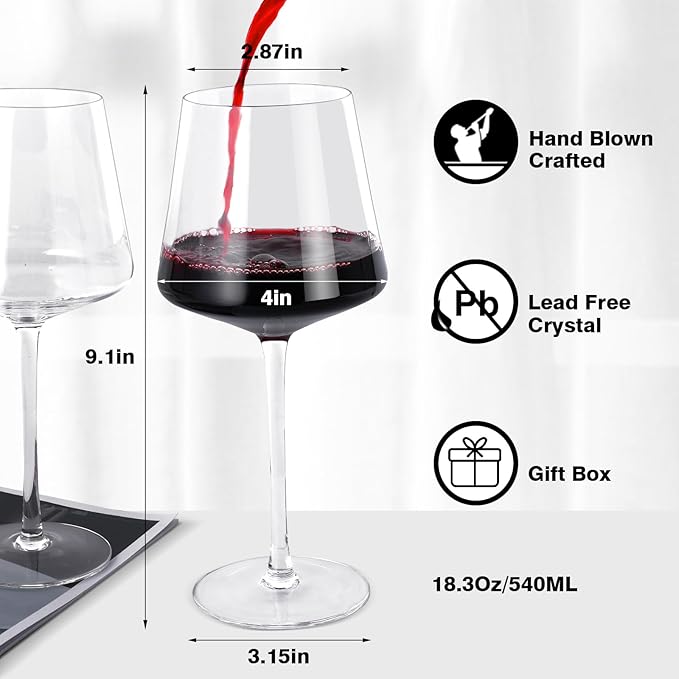 Wine Glasses Set of 4- Hand Blown Crystal, 18 oz Modern Glasses with Tall Stem for Red White Wine, Great Gift Packaging for Daily Use,Unique Wedding Anniversary or Birthday Gift
