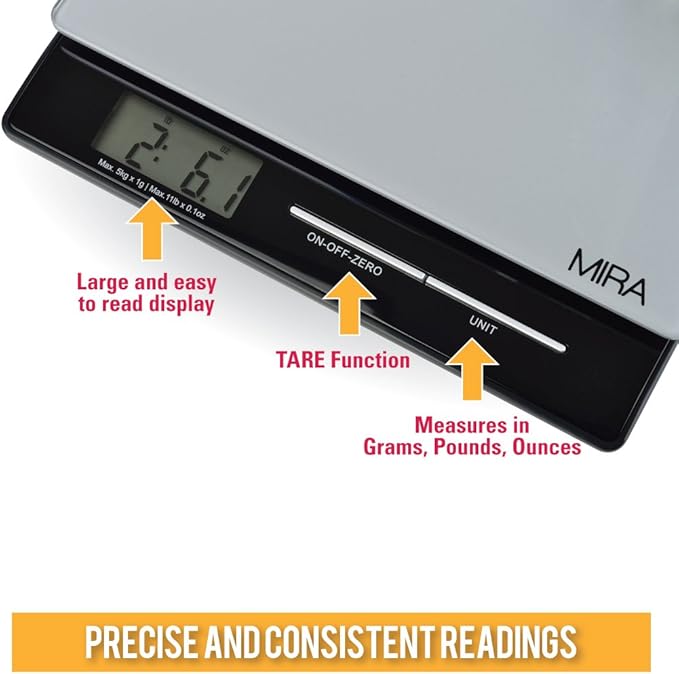 MIRA 11 lb Digital Food Scale - Glass Platform with Multi-Unit Measurement - Easy One-Touch Tare Function