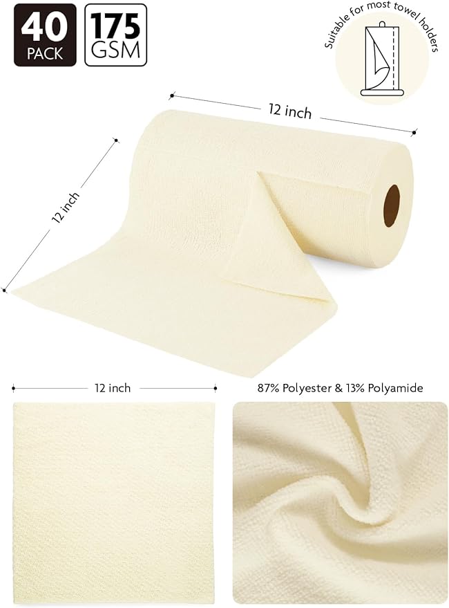 Fantasticlean Microfiber Cleaning Cloth Roll -40 Pack, Tear Away Microfiber Towels, 12" x 12", Reusable, Washable, Scratch Free, Ultra Absorbent Dishcloth for Car, Home Supplies, Pet, Kitchen (Beige)