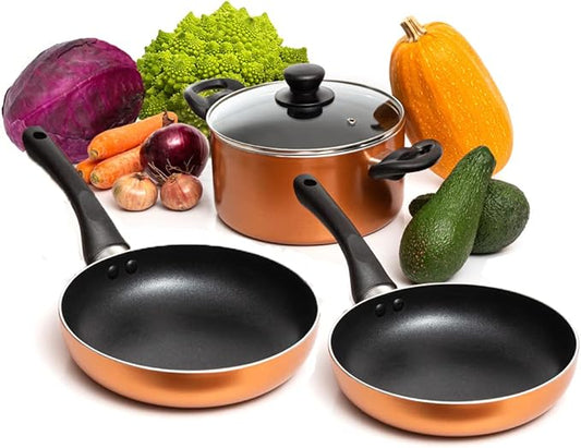 Moss & Stone 4 Peice Pots & Pans Set Nonstick Cookware Set, Aluminum Pots and Pans, Copper Pots and Pans Set with Glass Lid, Dishwasher Safe, Cooking Set