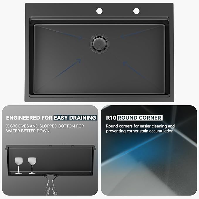 Lordear 33 Drop In Kitchen Sink Matte Black - 33X22 Inch Drop In Sinks Ledge Workstation Black 16 Gauge Stainless Steel Single Bowl Topmount Kitchen Sink Basin with Built- in Accessories