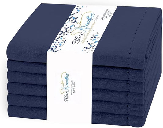Blue Needles Set of 6 Hemstitch Linen Napkins 100% Cotton Navy Blue Cloth Dinner Napkins 18x18 inches, Soft, Reusable, Absorbent, Washable, Ideal for Fall Thanksgiving Events, Parties & Everyday Use