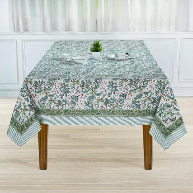 Ridhi Sage and Russian Green Hand Block Print Cotton Rectangle Tablecloth 108 x 70 inch-Reusable Table Cover Decorative Everyday Use for Dining Room, Farmhouse, Thanksgiving, Christmas Wedding, Fall