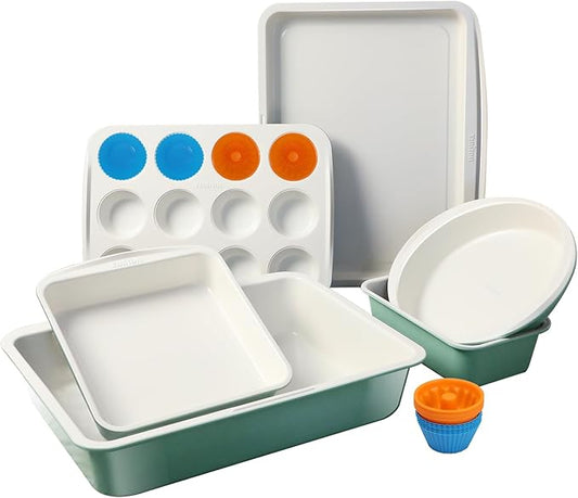 Ceramic Nonstick Baking Pans Set, Non Toxic 30 PCS Stackable Bakeware Sets, 550°F Oven Safe Baking Sheet & Pans, Warp-Free, Dishwasher Safe, PTFE/PFOA/PFOS-Free (Green)
