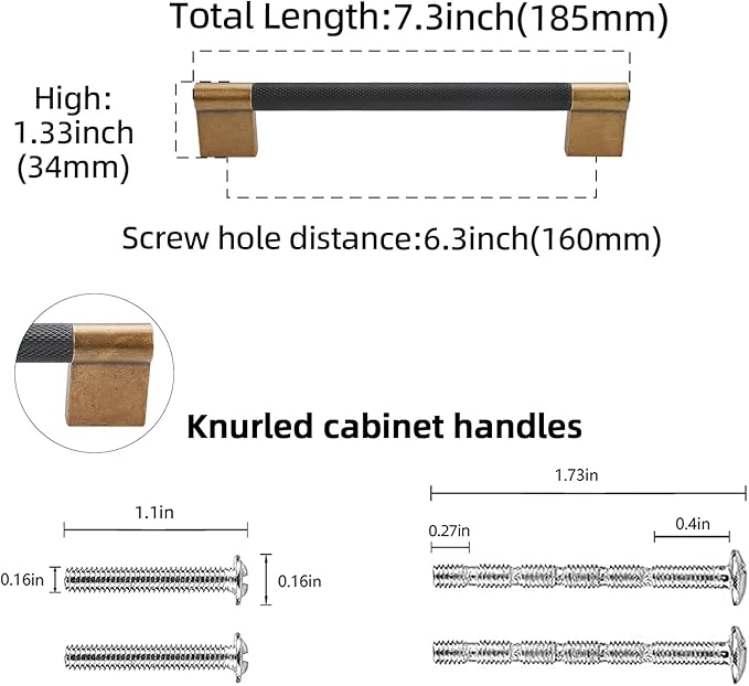 10 Pack 6-1/4 inch(160mm) Black and Antique Brass Kitchen Cabinet Handles Knurled Cabinet Pulls Black Drawer Pulls
