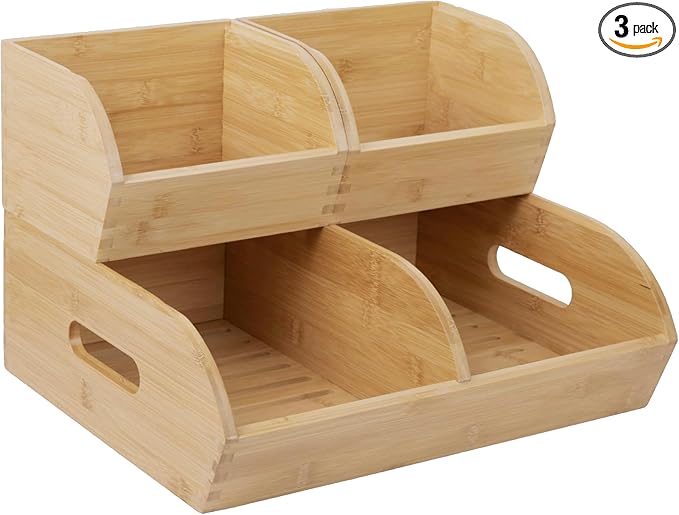 Potato and Onion Storage Bin for Pantry and Kitchen Counter - Ventilated Stackable Bamboo Organizer Baskets with Handles - Multipurpose Organization Containers for Fruit, Vegetable, Pantry - 3 Pack