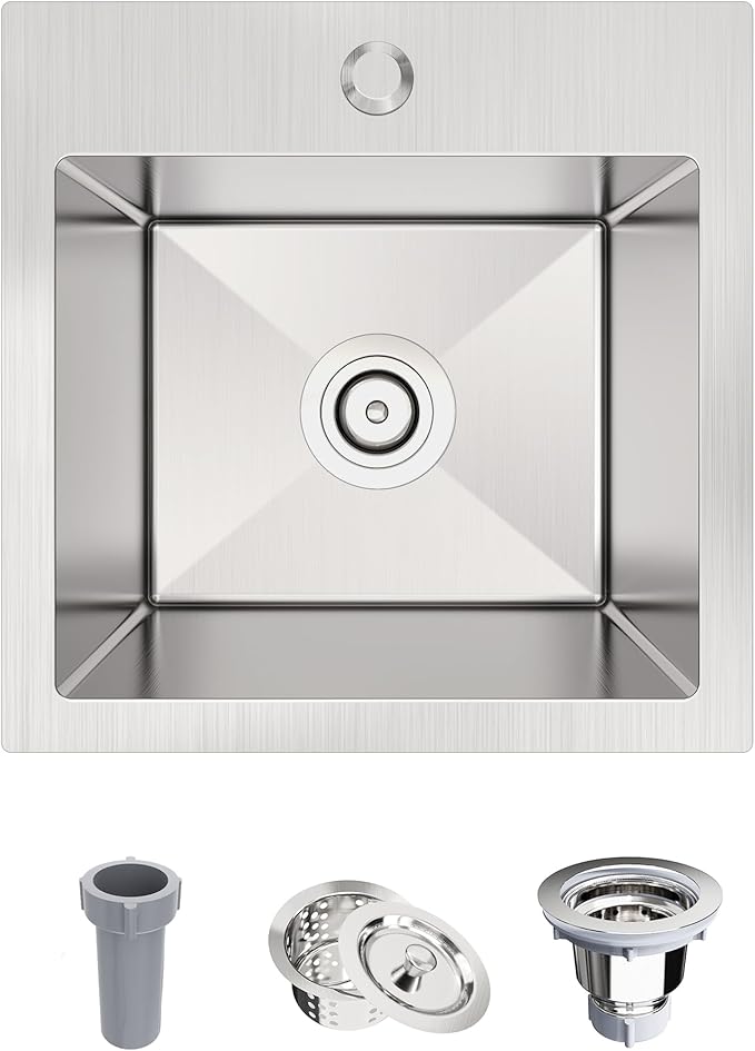 15x15 Inch Drop In Bar Sink, 18 Gauge 304 Stainless Steel Topmount Kitchen Sink for RV, Laundry, Office, Small Space with Basket Strainer & Grid