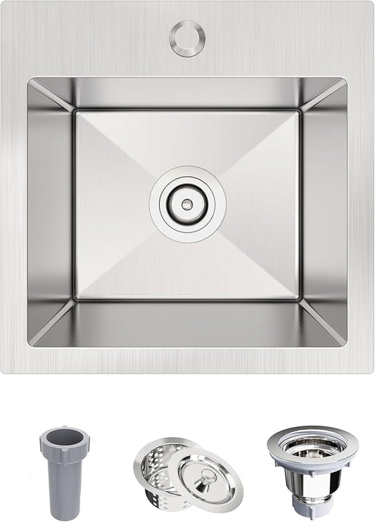 15x15 Inch Drop In Bar Sink, 18 Gauge 304 Stainless Steel Topmount Kitchen Sink for RV, Laundry, Office, Small Space with Basket Strainer & Grid