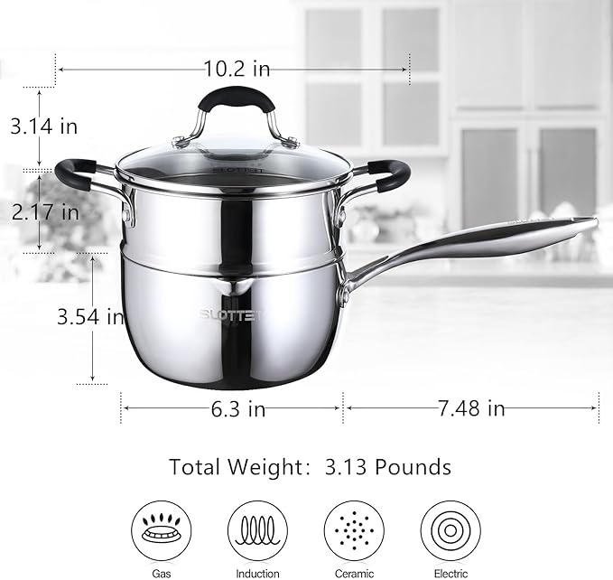 Tri-Ply Full Body Stainless Steel Sauce Pan with Steamer,1.5 Quart Small Multipurpose Pasta Pot with Strainer Glass Lid, Saucepan with Pour Spout for Cooking Stay-cool Handle.
