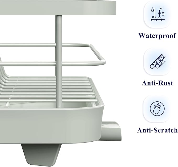 Kitsure Dish Drying Rack for Kitchen Counter, Stainless Steel Sink Organization and Storage Essentials with Cutlery Holder, Home and Appartment Decor, 12''W x 15.5''L, Light Grey