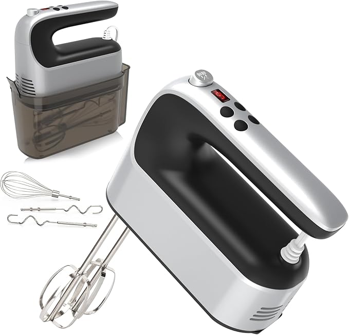 9-Speed Digital Hand Mixer Electric, 400W Powerful DC Motor Low Noise, Baking Mixer Handheld with Snap-On Storage Case, 5x Stainless Steel Accessories, Flat Beaters, Dough Hooks, Whisk
